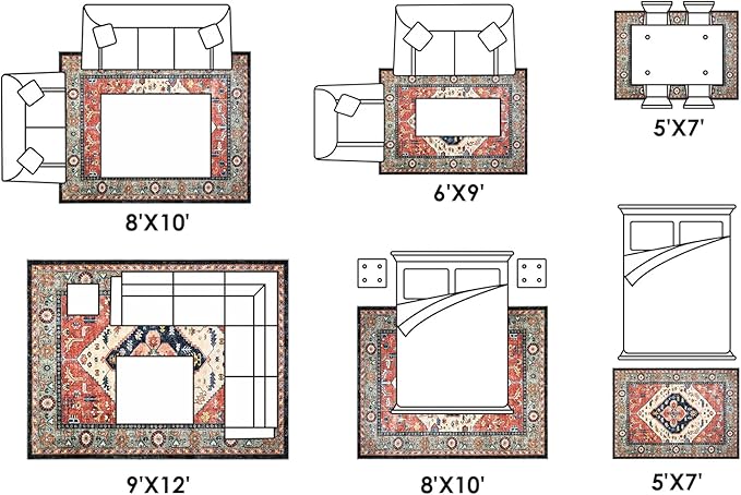 Washable Living Room Area Rugs - 9x12 Large Soft Machine Washable Non-Slip Low Pile Area Rugs, Vintage Oriental Neutral Carpet for Bedroom Dining Room Dorm Office Decor Red/Beige