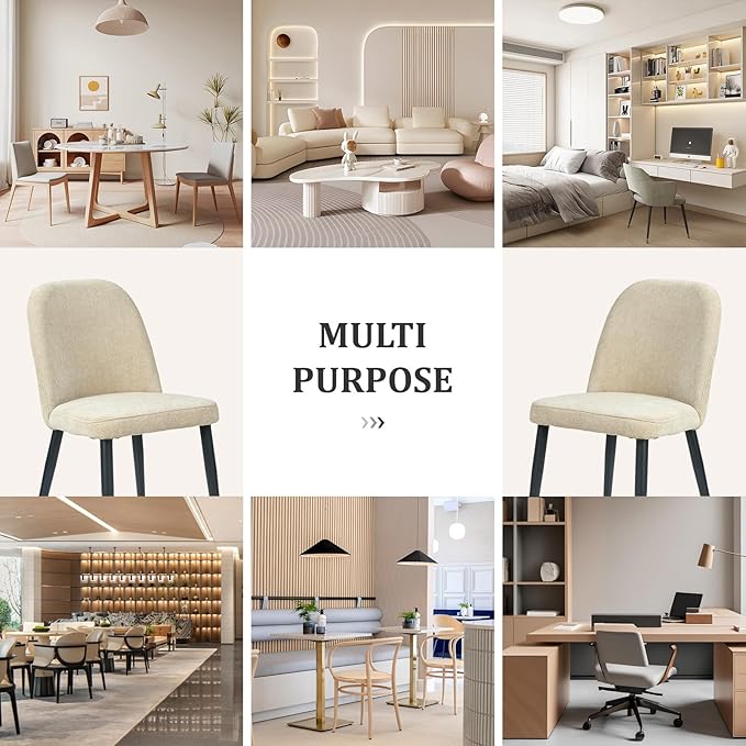 Upholstered Dining Chairs Set of 2, Mid Century Modern Fabric Dining Room Chair High-Back Padded Kitchen Chairs with Padded Seat and Metal Legs for Kitchen Dining Room Restaurant Cafe, Beige