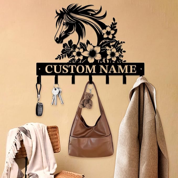 Personalized Custom Name Farm Horse Wall Key Hooks,Metal Horse Art Clothes Hooks,Metal Horse Wall Home Storage Decorative,For Front Door, Hallway, Kitchen, Bedroom,Keys,Hats (Style I)