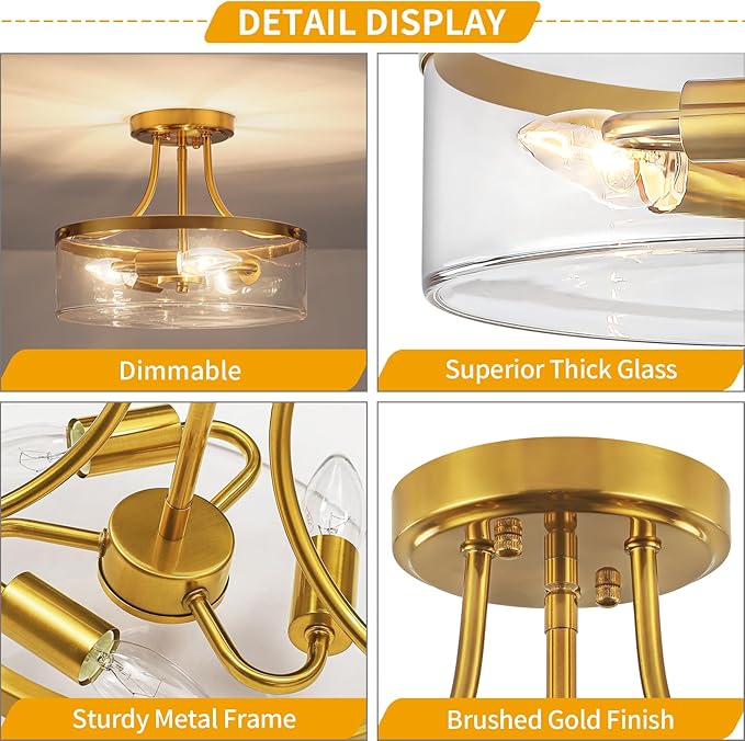 11.81" Brushed Gold Semi Flush Mount Ceiling Light, Modern Glass Entryway Light Fixture, Hallway Light Fixtures, 3-Light Drum Ceiling Lamp for Bedroom Kitchen Island Laundry Dining Room, UL Listed