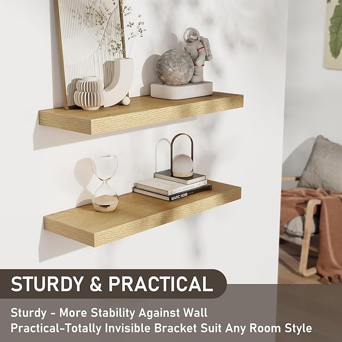Floating Shelves for Wall, 28 Inch Floating Shelves Set of 2, Wall Mounted Rustic Wood Shelf for Bathroom, Living Room, Bedroom and Kitchen, Hanging Shelf for Storage, Books, Home Decor, Oak