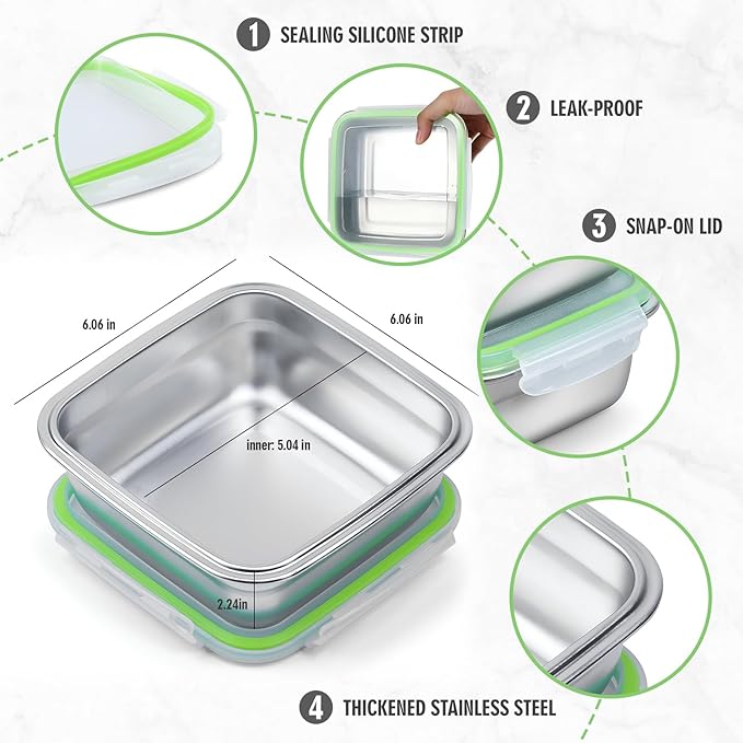 4 Pack 24oz Stainless Steel Sandwich Containers with Airtight Leak-Proof Lids, Reusable Metal Lunch Boxes for Meal Prep, Bento, Snack, Travel & Family, BPA-Free Dishwasher Safe (Green, Black)