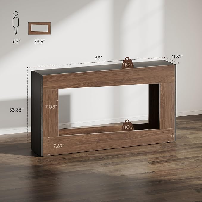 63-Inch Wood Console Table, Long Entryway Table with Storage Shelf, Farmhouse Narrow Sofa Table Behind The Couch for Living Room, Entryway, Hallway (Brown & Black)