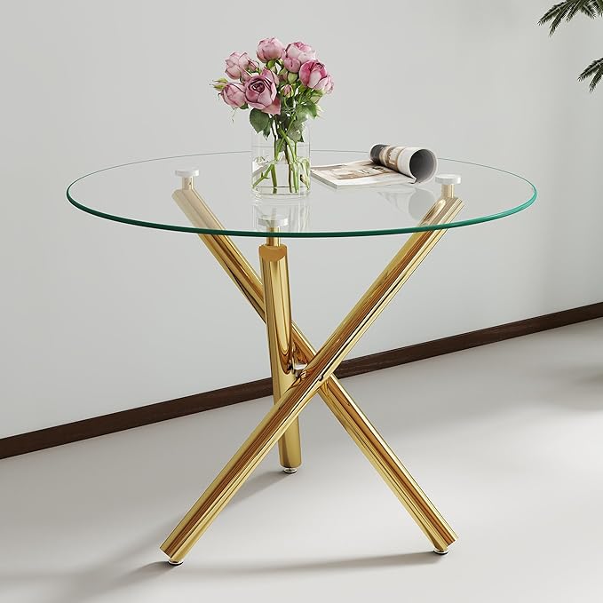 36" Round Glass Dining Room Table for 4 with Tempered Glass Top and Gold Chrome Metal Tube Legs, Modern Clear Kitchen and Dinner Table for Home Office Dining Room