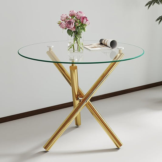 36" Round Glass Dining Room Table for 4 with Tempered Glass Top and Gold Chrome Metal Tube Legs, Modern Clear Kitchen and Dinner Table for Home Office Dining Room