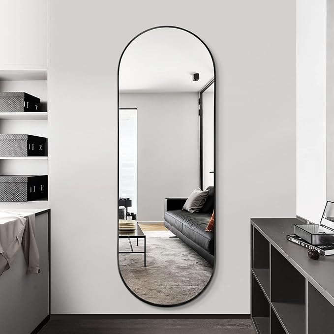 Oval Full Length Mirror, 65"×22" Wall-Mounted Mirror with Metal Frame, Ultra-Clear Explosion-Proof, Simple and Classic Deco for Cloakroom/Bedroom/Living Room, Black