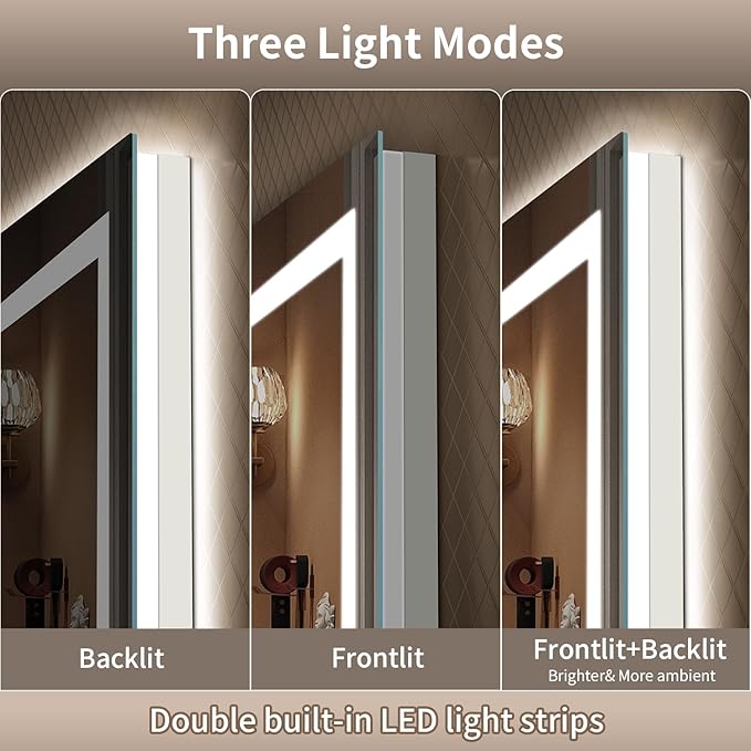 LED Mirror for Bathroom, 60x36 Inch Backlit + Front Lighted Bathroom Vanity Mirror with Lights for Wall, Double Light Strips, 3 Colors, Shatter-Proof, Anti-Fog and Brightness Memory