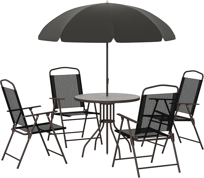 Outsunny 6 Piece Patio Dining Set for 4 with Umbrella, Outdoor Table and Chairs with 4 Folding Dining Chairs & Round Glass Table for Garden, Backyard and Poolside, Black