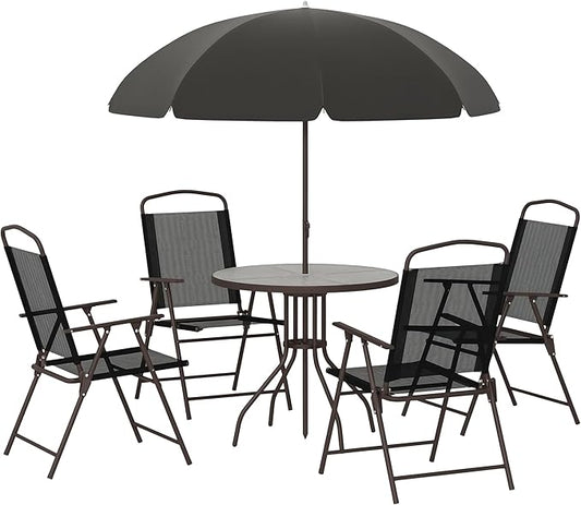 Outsunny 6 Piece Patio Dining Set for 4 with Umbrella, Outdoor Table and Chairs with 4 Folding Dining Chairs & Round Glass Table for Garden, Backyard and Poolside, Black