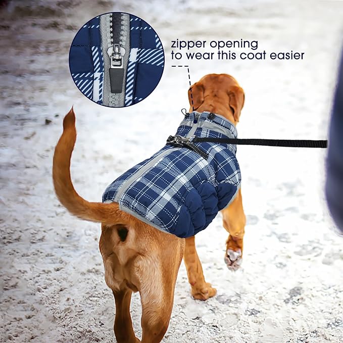 FUAMEY Dog Coat for Large Dogs,Waterproof Dog Winter Jacket with Harness Built in Puppy Cold Weather Coats Reflective Pet Vest with Zipper Warm Fleece Dogs Snowsuit Windproof Blue Plaid 3XL