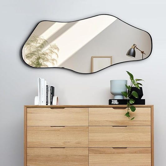 Irregular Wall Mirror, Asymmetrical Mirrors with Metal Frame, 40"x18" Cloud Shaped Mirror Decorative, Modern Abstract Mirrors for Living Room Bathroom Bedroom Hallway Entryway Fireplace