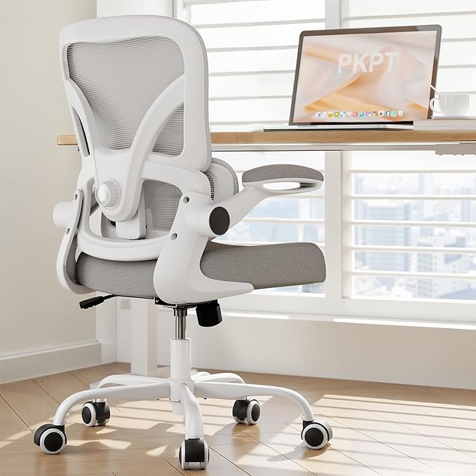 Office Chair with Adjustable Lumbar Support, 330 LBS Home Office Desk Chair with Flip-up Armrests, Mesh Computer Chair for Long Day Use, White and Gray