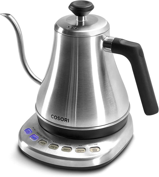 COSORI Gooseneck Electric Kettle with 5 Variable Presets, Pour Over & Coffee maker, 100% Stainless Steel Inner Lid & Bottom, 1200 Watt Quick Heating, 0.8L, Silver