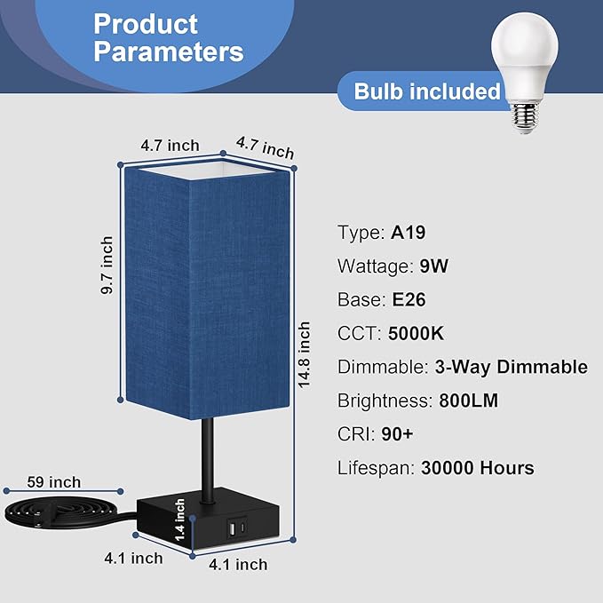 Sailstar Bedside Table Lamp for Bedroom Set of 2, 3 Way Dimmable Touch Lamp with USB C+A Charging Ports, Small Nightand Lamps for Bedroom Decor, Living Room, LED Bulbs Included, Upgraded Navy Blue