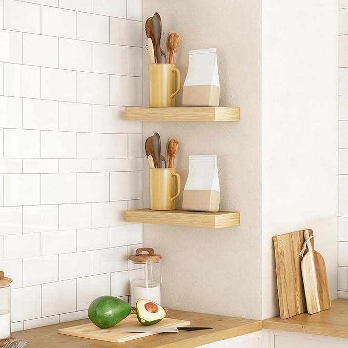 HOOBRO Floating Shelves for Wall, Wall Mounted Shelf Set of 2, 15.7" Hanging Shelf with Invisible Brackets, for Wall in Bathroom, Bedroom, Toilet, Kitchen, Living Room, Office, Natural NL40BJ01