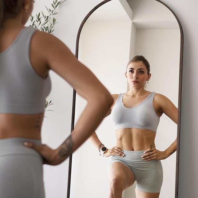 Arched 34x76 Inch Oversize Full Length Mirrors Aluminium Frame in Classic Graylish Driftwood Looking Free Standing Floor Mirror Full Body Wall Mounted for Bedroom Living Room and Hallway