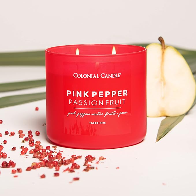 Colonial Candle Pink Pepper Passionfruit Scented Jar Candle, Pop of Color Collection, 3 Wick, Red, 14.5 oz - Up to 60 Hours Burn