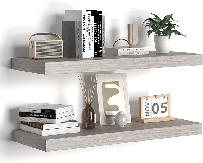 Floating Shelves - 24 Inch Rustic Wooden Wall Shelves - Extra Deeper & Thicker Wall Mounted Storage Shelf for Living Room, Kitchen, Farmhouse - 24" W x 9" D x 1.6"H - Rustic Grey, 2 Pack