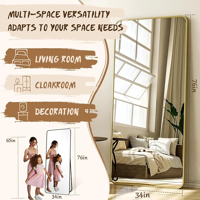 76"x34" Floor Full Length Mirror Standing Full Body Rounded Corner Rectangle Mirrors with Stand Hanging Wall Mounted Leaning Bedroom Living Room Bedroom Cloakroom,Gold