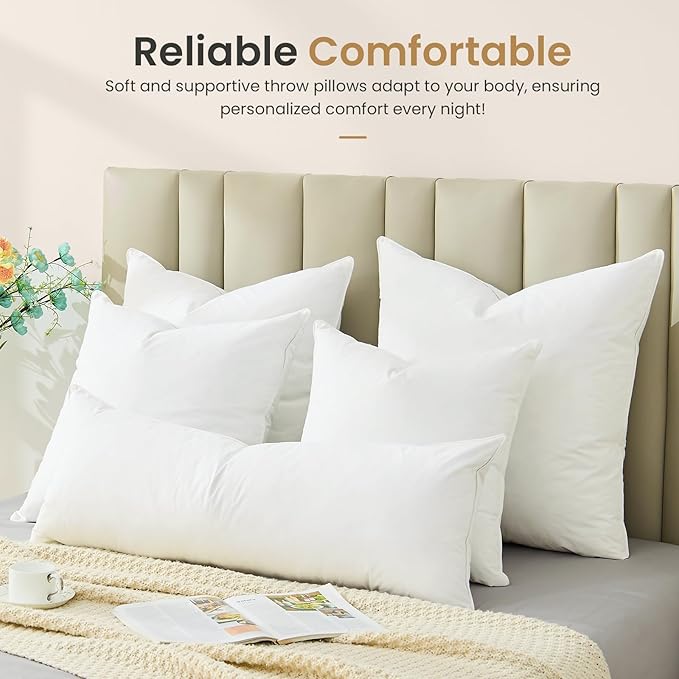 BHZ Throw Pillows 12x20 Euro Pillow Inserts Set of 2, Down Feather Alternative Pillow Inserts, Decorative Soft Large Square White Throw Pillows Insert for Couch Bed Dorm Sofa with Cotton Cover