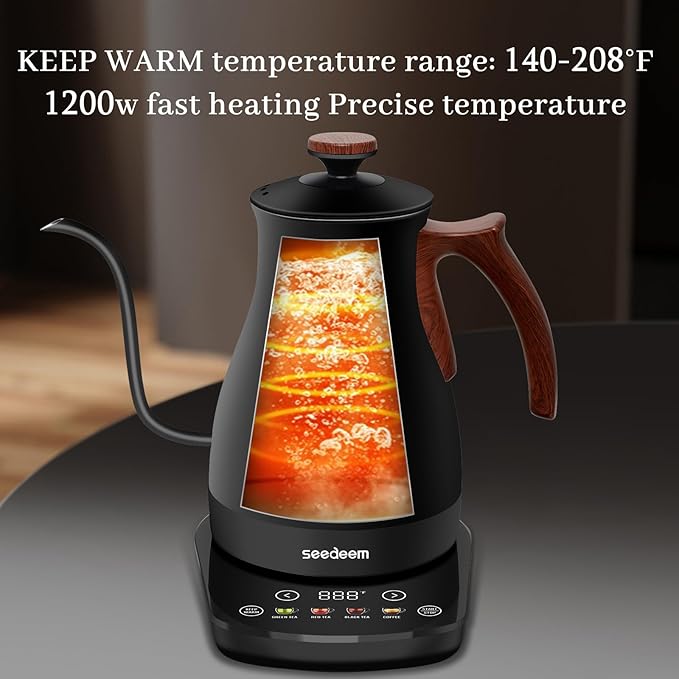 SEEDEEM Gooseneck Electric Kettle Full Touch Screen 1200W Electric Tea & Coffee Kettle with Four Heating Modes Rapid Heating,±1℉ Temperature Control，Keep Warm Mode,1L Electric kettle