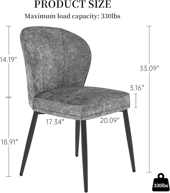 Dining Chairs Set of 2, Modern Fabric Dining Room Chairs with Curved Backrest Well-Padded Seat, Upholstered Kitchen Chairs for Living Dining Room, Grey