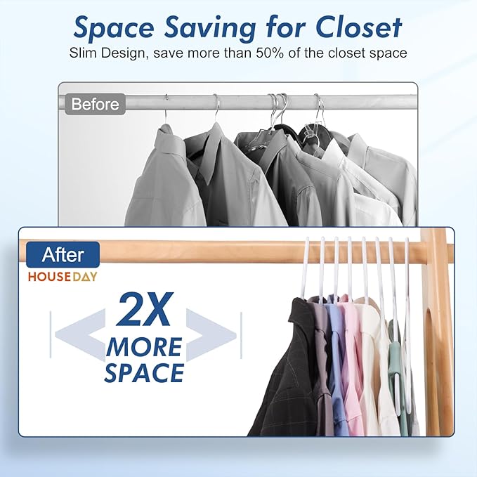 HOUSE DAY Plastic Hangers 50 Pack - White Clothes Hangers with Non-Slip Shoulder Grooves, Durable and Sturdy Coat Hanger, Space Saving Slim Design Perfect for Closet Organizers and Storage