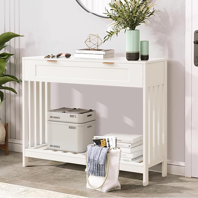 Entryway Table with Drawers Narrow Accent Sofa Table with Storage Shelf, Modern Wooden Console with Drawer Entry Table Storage Slats Shelf for Living Room,Entryway, Foyer, Hallway, White