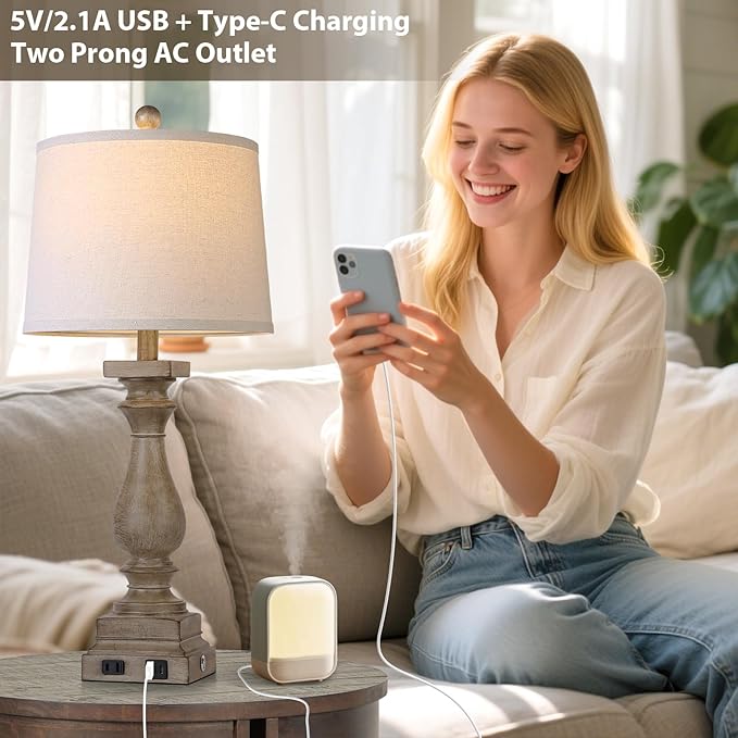 28" Tall Farmhouse Table Lamp with USB C+A Ports and AC Outlet, 3 Way Touch Control Rustic Bedside Lamp for Bedroom, Brown Vintage Nightstand Lamp for Living Room Office
