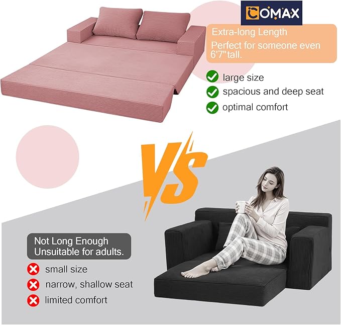 COMAX Convertible Sofa Bed Queen, Corduroy Folding Floor Couch Pull Out Couch Bed Futon Sleeper with Pillows, Fold Out Boneless Sofa Comfy Lounge Mattress Loveseat for Living Room Bedroom, Pink