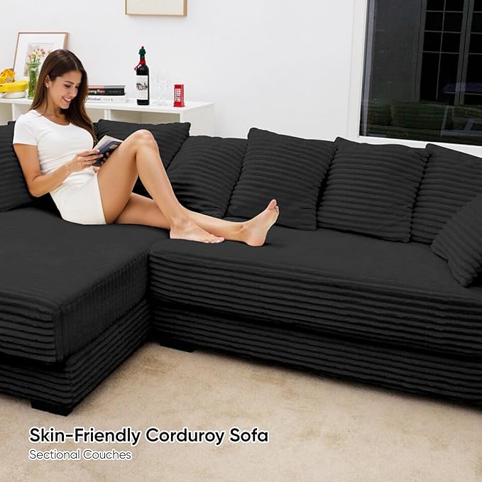 111‘’ Sectional Cloud Couches with L Shaped Chaise, Extra Large Sleeper Couch Reversible Corduroy with 8pcs Pillows for Living Room, Bedroom