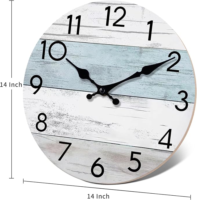 Wall Clock Silent Non-Ticking 14 Inch Battery Operated Country Large Retro Rustic and Beach Style Decorative for Living Room, Kitchen, Home,Bathroom, Office (Blue)