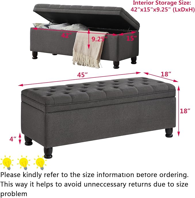 mikibama Bed End Storage Ottoman Bench,Linen Upholstered Storage Benches for Bedroom,Tufted 45" Long Ottoman Bench with Storage for Living Room Entryway Window(Dark Grey 45")