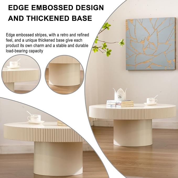 Round Coffee Table, Handcrafted Fluted Drum Coffee Tables Modern Wood Coffee Table Circle Drum Center Table for Living Room, Apartment (White Thin)