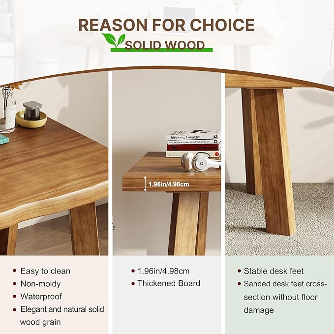 Solid Wood Desk 55 inches, Live Edge Wooden Home Office Computer Desk Modern Simple Design for Writing,Study,Dining,Gaming