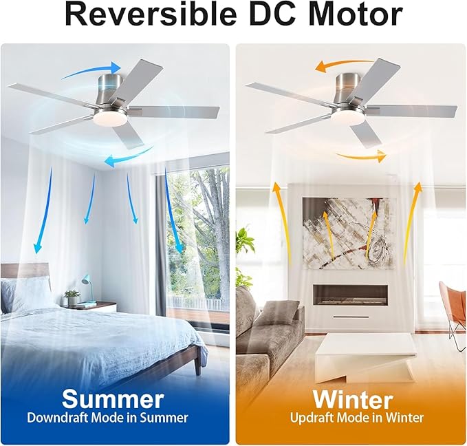 Rayqueen 52 Inch Ceiling Fans with Lights and Remote,Flush Mount Brushed Nickel Ceiling Fan,6 Speed Reversible DC Motor,3CCT Dimmable LED-Low Profile Design for Bedroom, Living room & Covered Outdoor