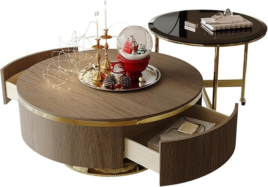 31.5 Inch Coffee Table with 2 Storage Drawers, Vintage Walnut Nesting Coffee Table Set of 2, Mid-Century Round Tea Center Table with Gold Chrome Base for Living Room Apartment