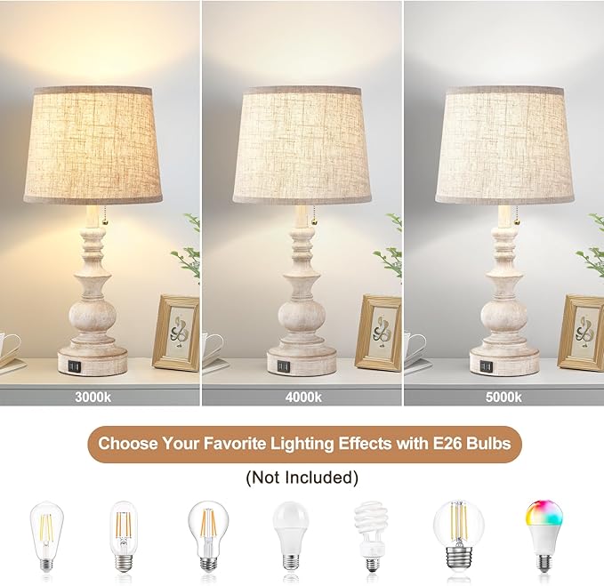 Table Lamps for Bedrooms Set of 2 Farmhouse Bedside Lamps for Nightstand with USB Charging Ports Traditional Side Table Lamps for Living Room Wooden Finish, Pull Chain, Bulbs Not Included