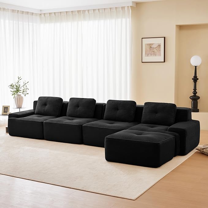 150" Modern Compressed Boneless Couch with Ottoman, 4 Seater Large L Shaped Sectional Couches for Living Room, Black Corduroy Cloud Modular Sectional Sofa, Memory Foam, Extra Deep, No Assembly