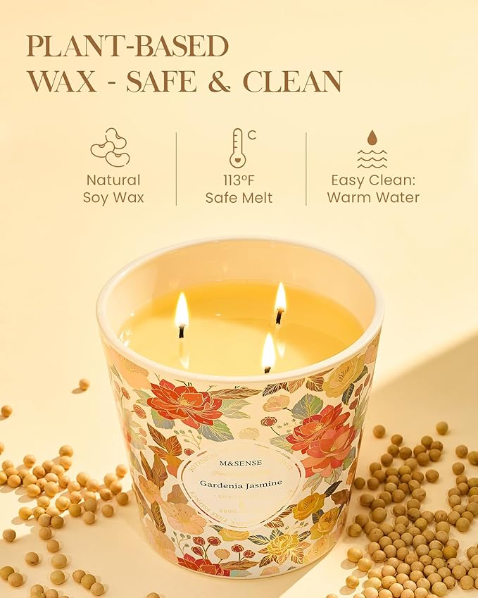 M&SENSE Gardenia Jasmine Scented Candle, 28.2oz 3 Wick Natural Soy Wax Large Candles, Long Lasting Clean Slow Clean Burning No Toxic Décor for Home Relaxation, Romantic Dates & Gift-Giving