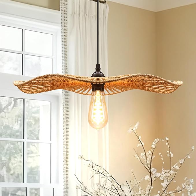 10.2''Small Natural rattan chandelier Pendant Lights -Farmhouse Boho rattan hanging lamp with Included E27 Bulb, 120V wicker pendant lamps for Dining Room Kitchen Island Bedroom living room