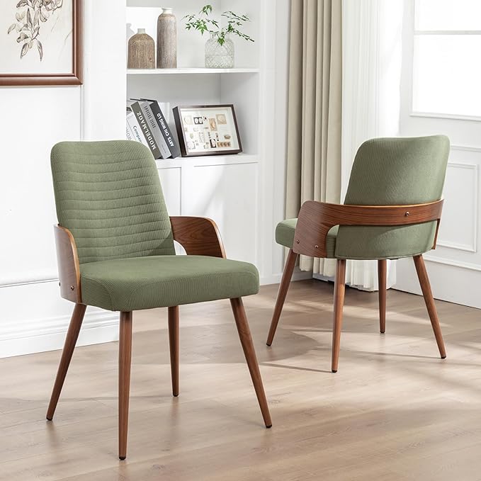 Dining Room Chairs,Mid Century Modern Kitchen Chairs,Green Corduroy Fabric Upholstered Accent Chairs,Metal Legs Wooden Desk Chairs,Armless and No Wheels for Kitchen Dining Room,1PCS