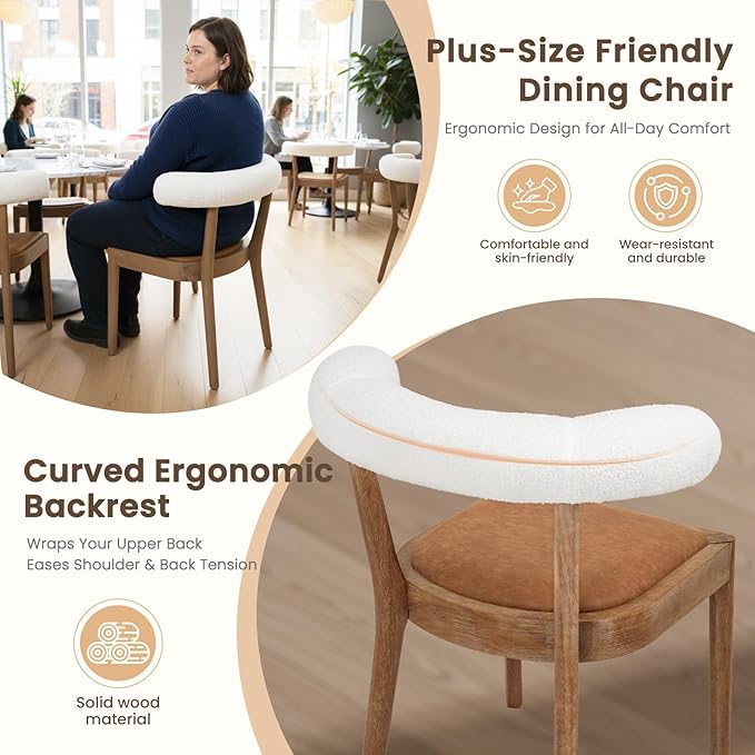 Kmax Dining Room Chairs Mid-Century Modern Leather Kitchen Chairs with Natural Walnut Finished Frame, Fur White Curved Back, Set of 6, PU Brown