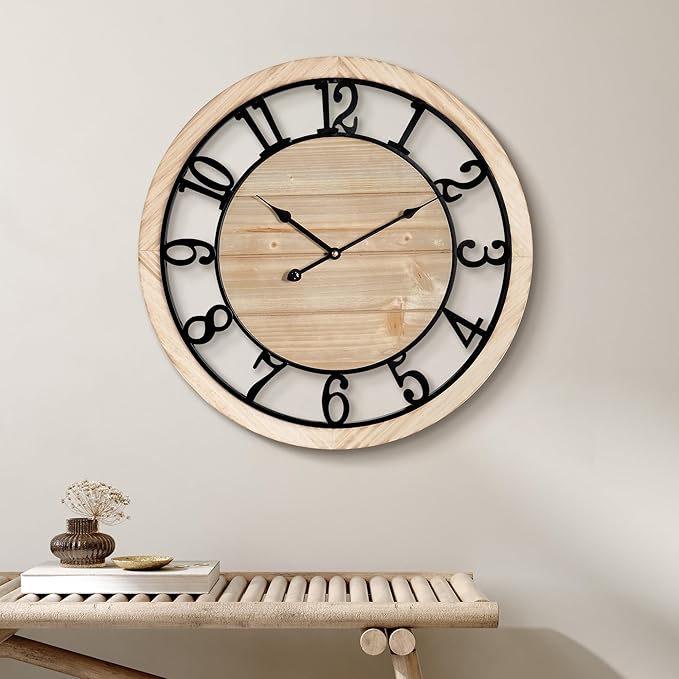 Maxstar 20'' Wall Clock for Living Room Decor, Ultra-Silent Rustic Wooden Farmhouse Wall Clock with Metal & Real Wood Frame, Battery Operated, for Kitchen Bedroom Office, Arabic Numerals