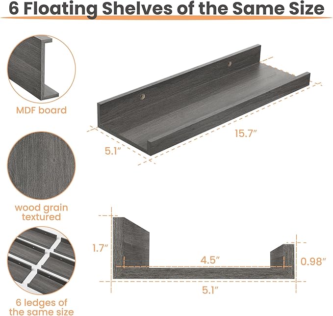 upsimples Floating Shelves for Wall, Wall Shelves for Decor Storage Set of 6, Wall Mounted Wood Shelf for Bedroom, Living Room, Bathroom, Kitchen, Picture Ledge Shelf, Grey