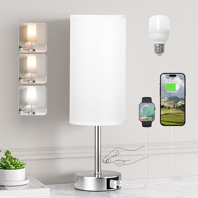 White Table Lamp for Bedroom Nightstand - Small Lamp with USB A + C Charging Port, 3 Color Temperatures Pull Chain Night Stand Light, Silver Base Desk Reading Lamp for Living Room