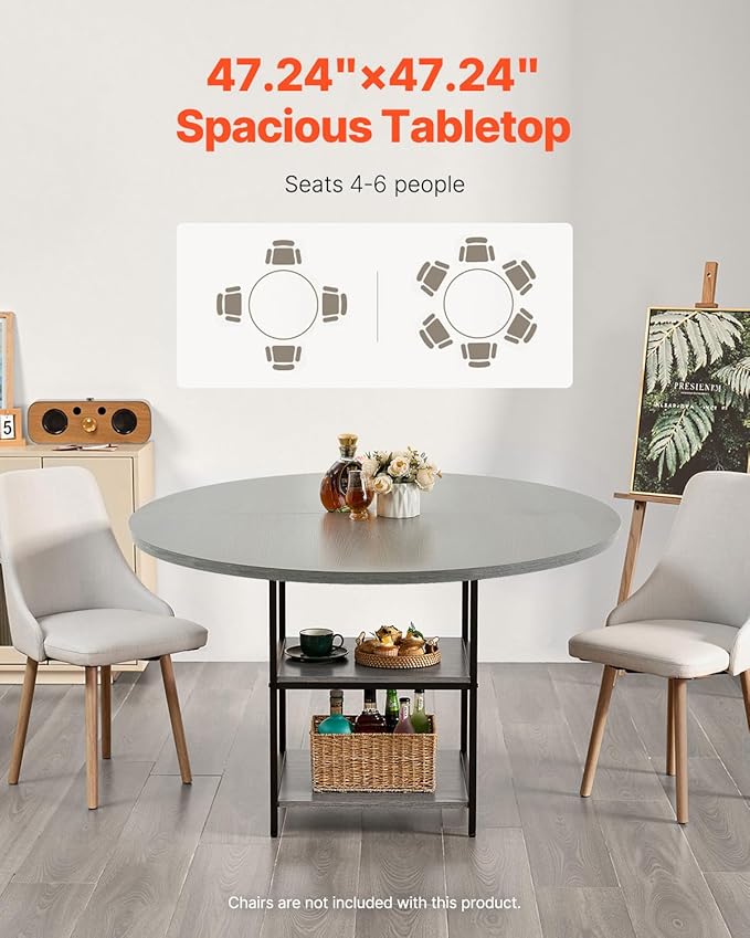 VEVOR Round Dining Table, 47 inch Wood Table for 4-6 Person, Modern Circle Dinner Furniture, Leisure Tables with Storage Shelf and Metal Legs, for Home Kitchen Living Room, Grey (Only Table)