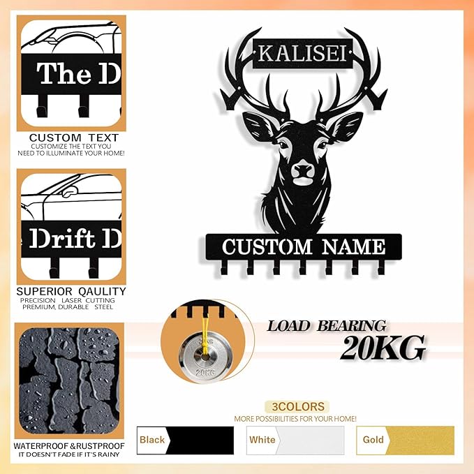Personalized Deer Head Key Holder Wall Mount, Custom Metal Keys Hanger for Wall with Name, Custom Key Rack Holder with Hooks for Entryway, Front Door, Hallway, Living Room, Kitchen