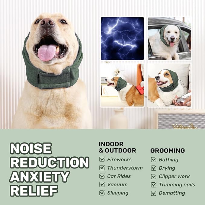 Dog Calming Hoodie, No Shake Ear Wraps for Dogs, Adjustable Dog Ear Muffs for Noise Protection, Ear Wrap Head Cover for Anxiety Relief & Hematoma (Olive Green, S(Head Circle:9.8"-14.9"))
