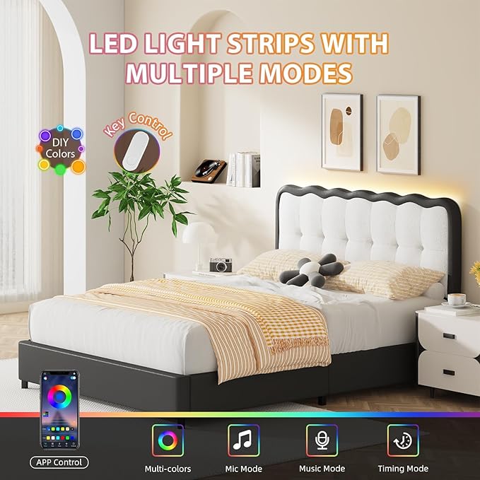 BarnFurin Full Size Bed Frame with LED Lights, Full Bed Frame with Headboard LED Lights, Upholstered Platform Bed with Cloud Headboard, No Box Spring Required, Easy Assembly, Black
